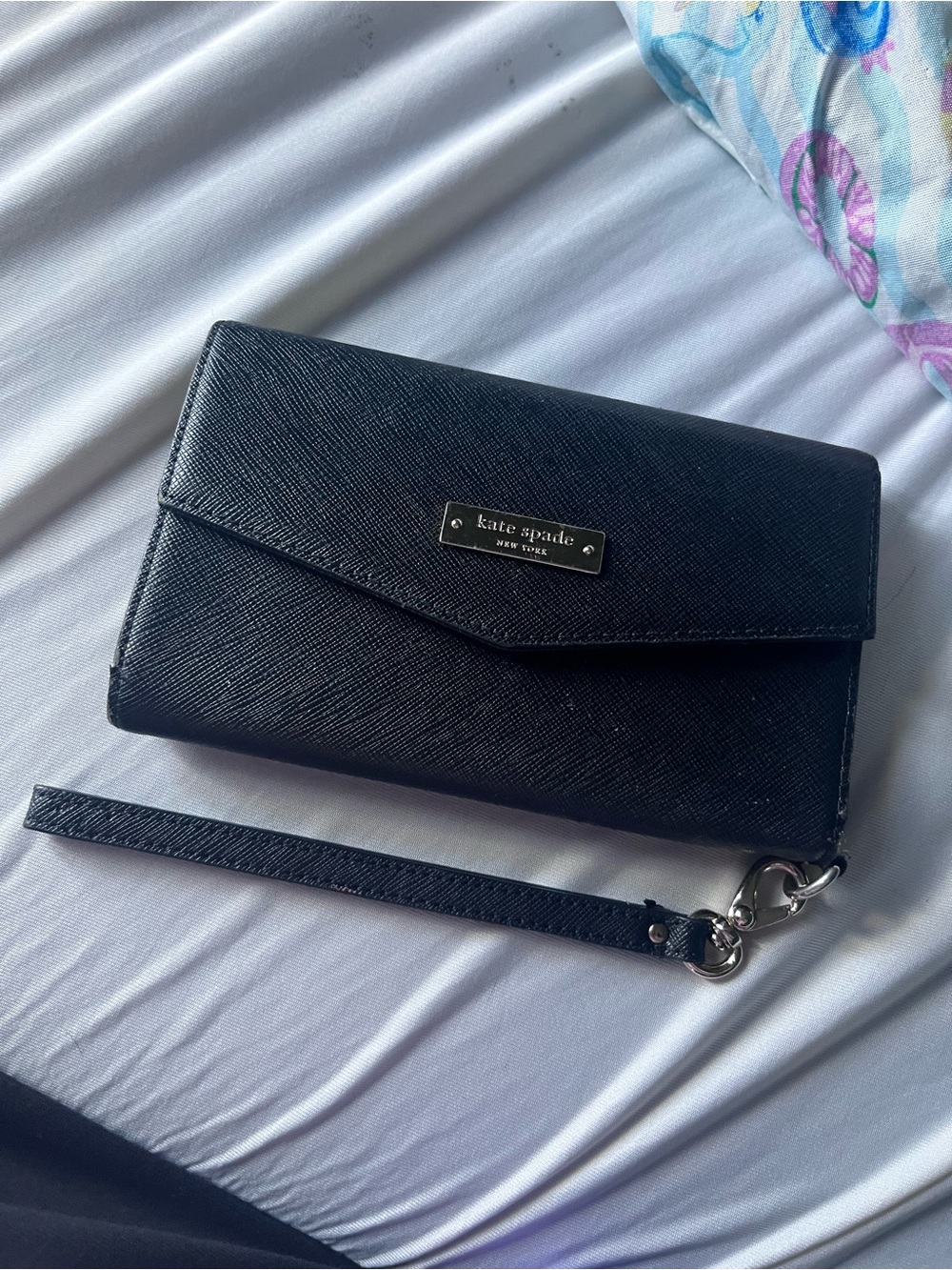 kate spade black Saffiano leather wristlet clutch